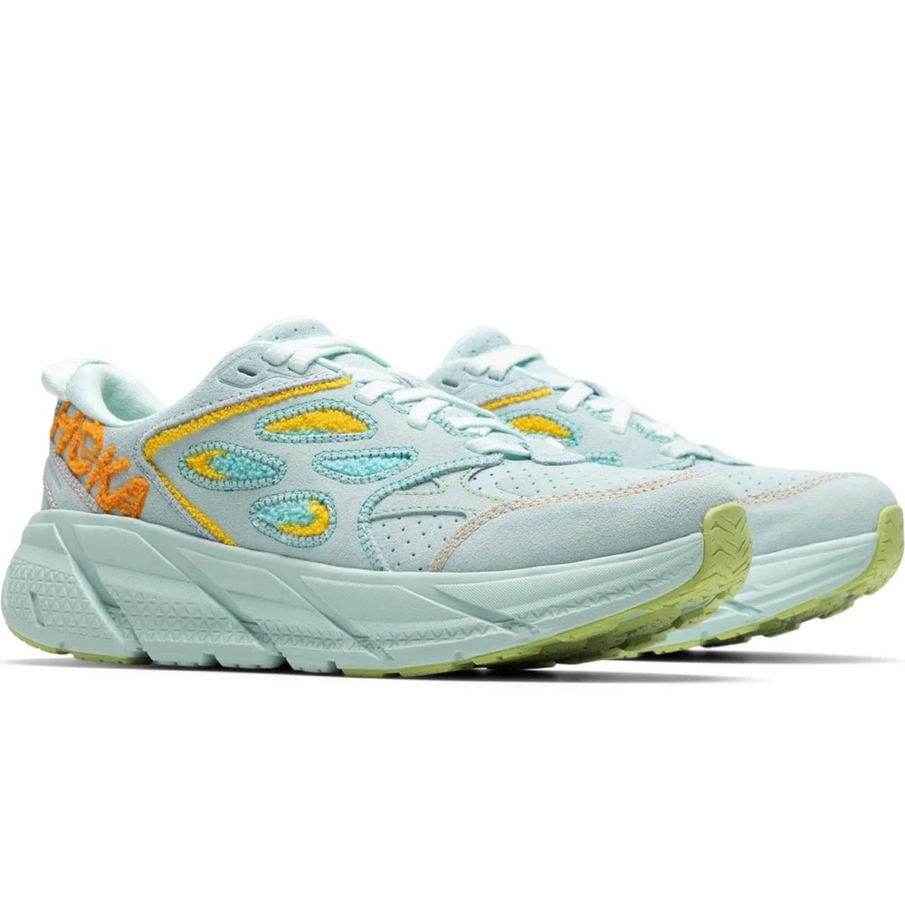 NWT Hoka Clifton Leather Embroidery UNISEX Shoes blue glass radiant yellow NEW - Picture 2 of 16